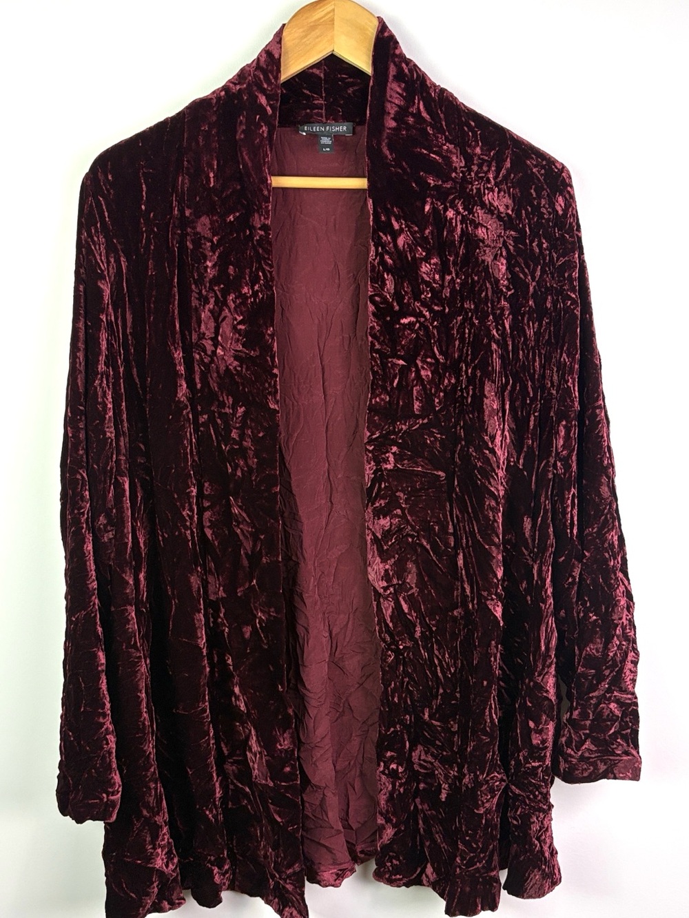Eileen Fisher Crushed Velvet Open Front Cardigan - Burgundy size L